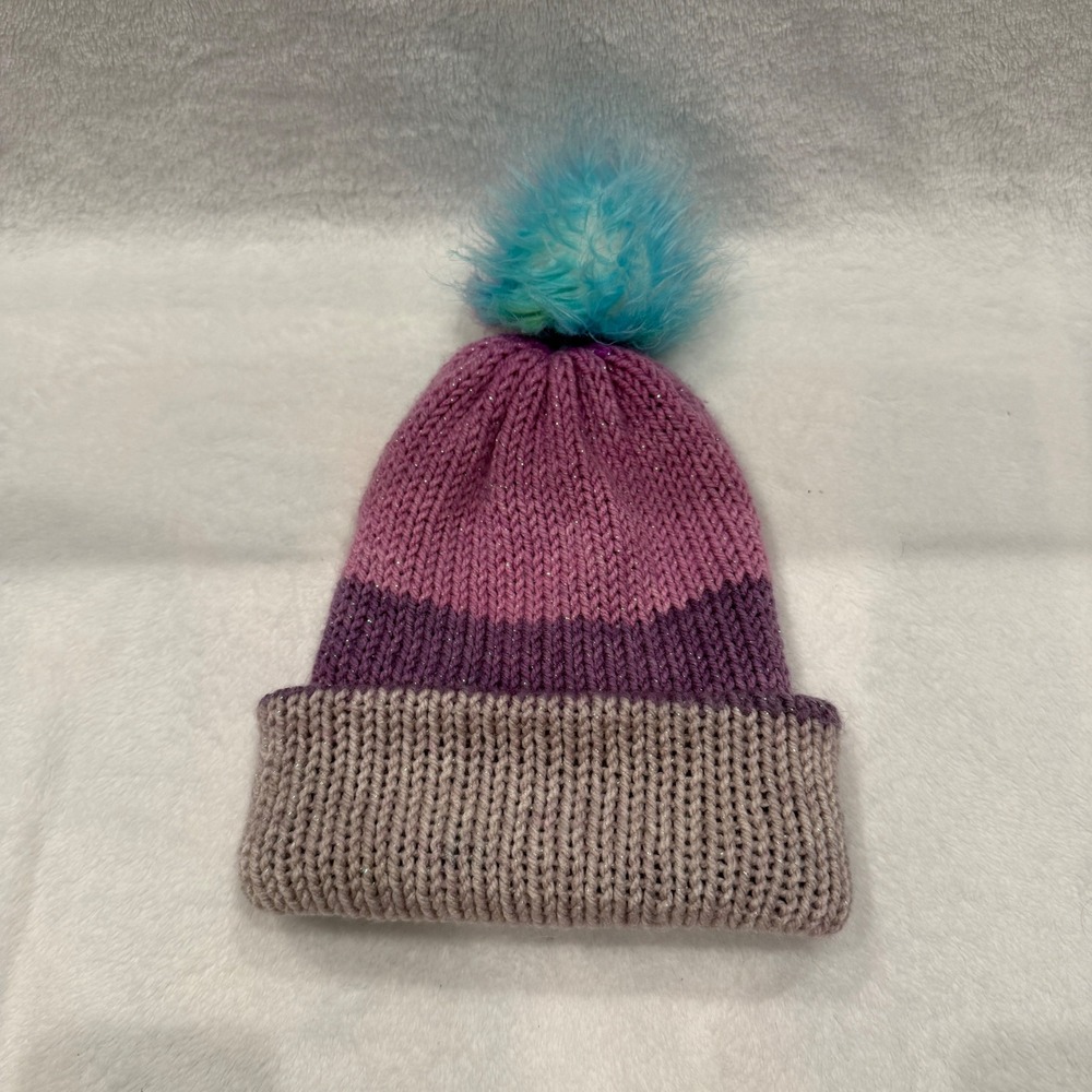 Handmade Kids Knit Beanie Pink Purple Colorblock Shimmer Pom Pom Hat OSFM